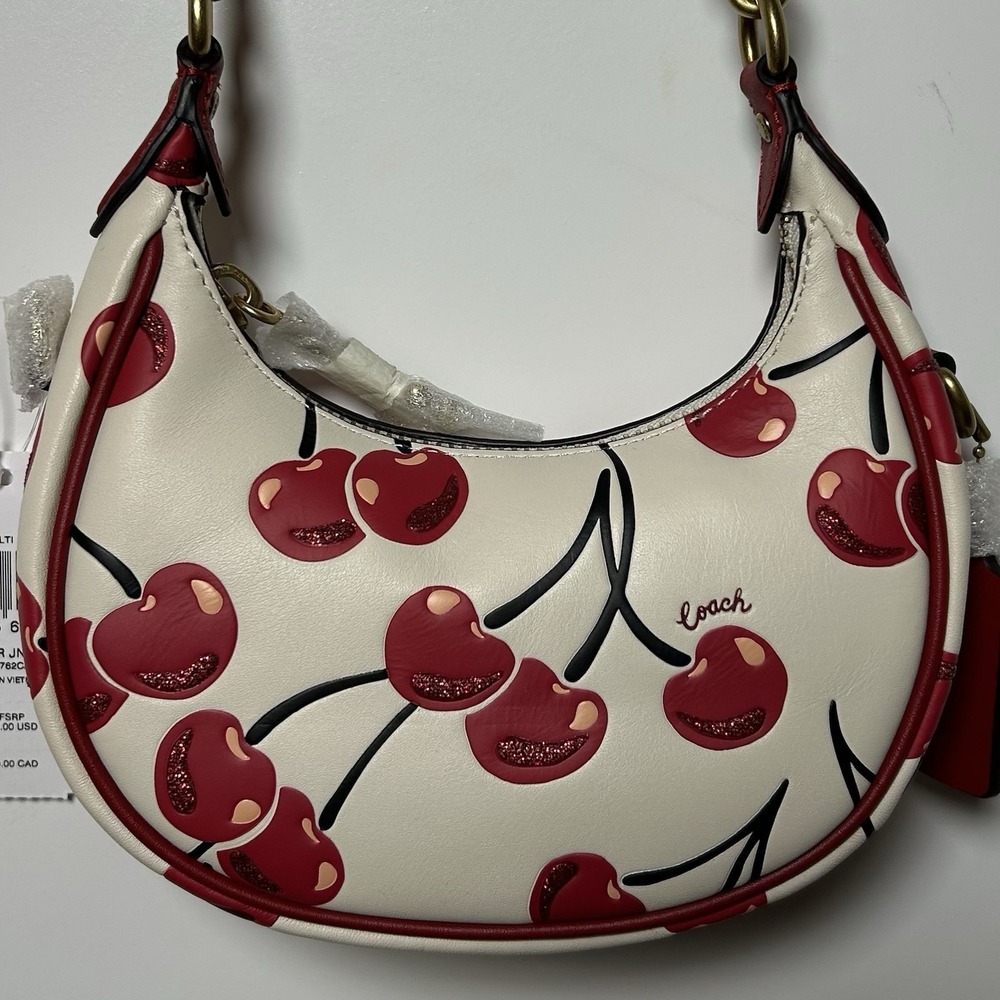 Coach Jonie Glitter Cherry Print Brass Hardware Leather Crossbody Crescent Bag
